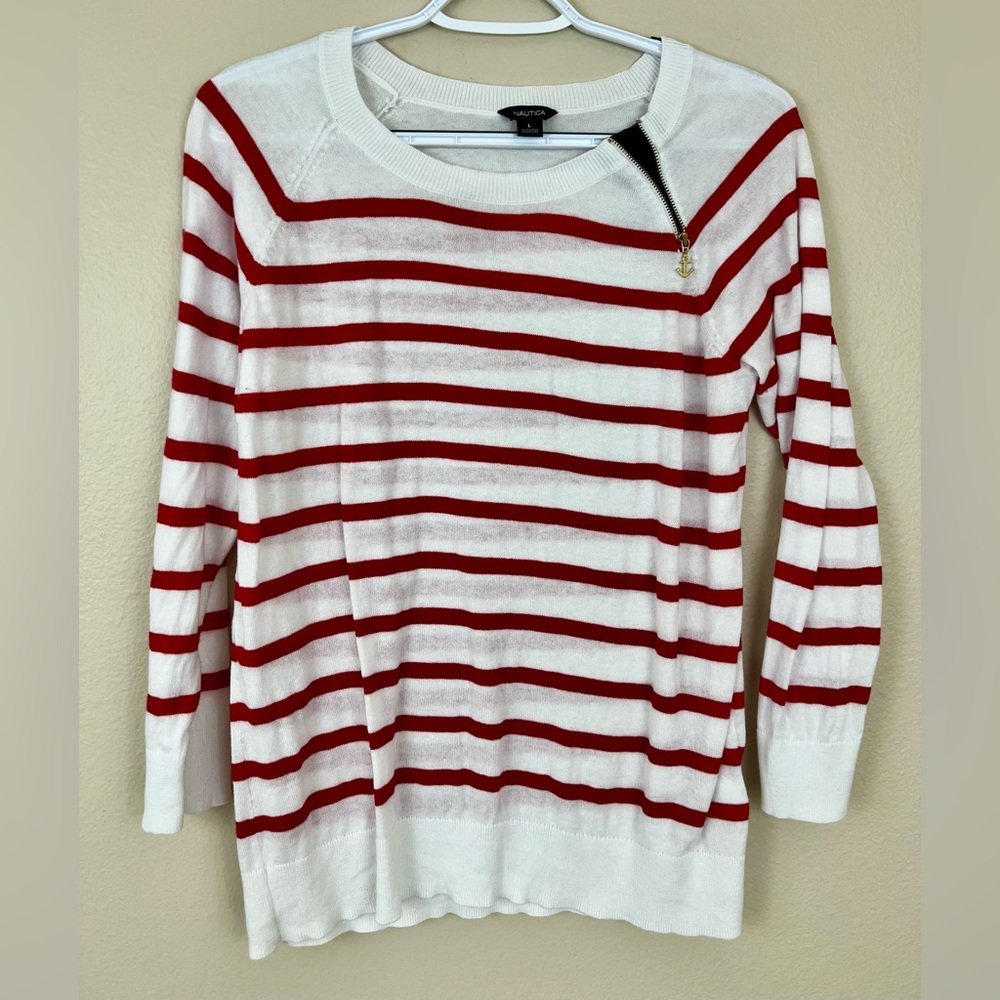 Nautica White and Red Striped Knit 100% Cotton Lightweight Sweater Women’s Large